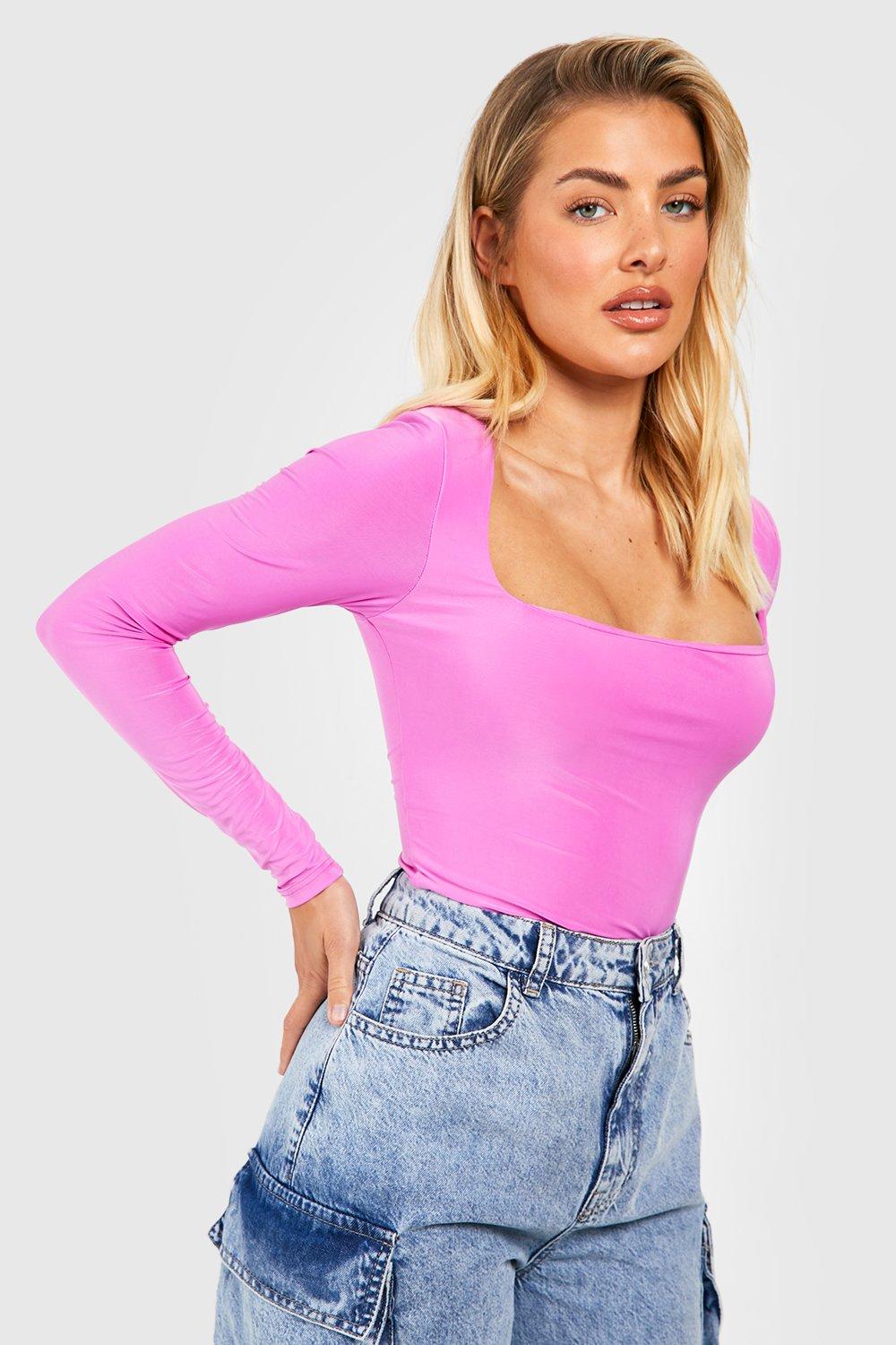Double Layer Slinky Square Neck Long Sleeve Bodysuit | boohoo
